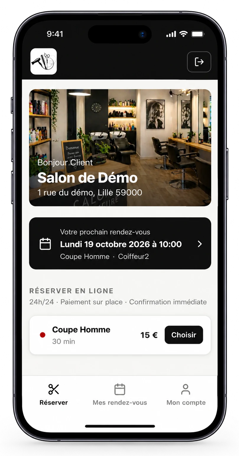 Site de réservation d'un salon vu par un client sur iPhone : logo et photo du salon, prochain rendez-vous et prestations à réserver